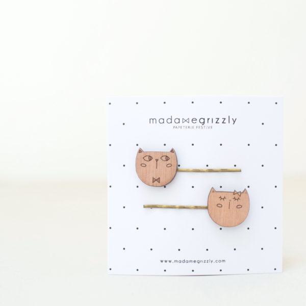 Barrettes en bois "Monsieur & Madame Chat"