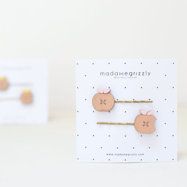 Barrettes en bois "Pomme, pomme" roses